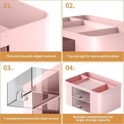 Pen Organizer with 2 Drawer, Multi-Functional Pencil Holder for Desk, Desk Organizers and Accessories with 5 Compartments + Drawer for Office Art Supplies (Pink)