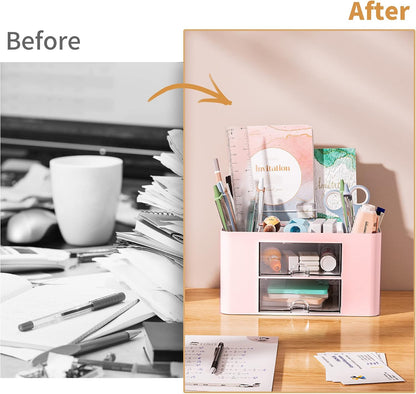 Pen Organizer with 2 Drawer, Multi-Functional Pencil Holder for Desk, Desk Organizers and Accessories with 5 Compartments + Drawer for Office Art Supplies (Pink)