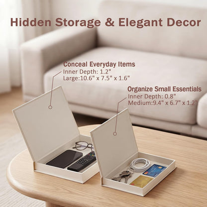 Set of 2 Premium Linen Decorative Books with Hidden Storage - Stackable Faux Book Box for Coffee Table Styling & Organization, Real Fabric Cover Fake Books as Display Riser for Shelf & Entryway