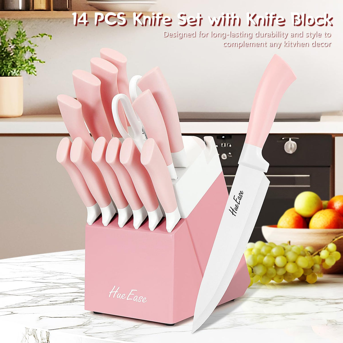 14 Pieces Knife Set with Block, Ceramic White Coating, High Carbon Stainless Steel Sharp Blade Block Knife Set, Dishwasher Safe Cutlery, Colliding Pink