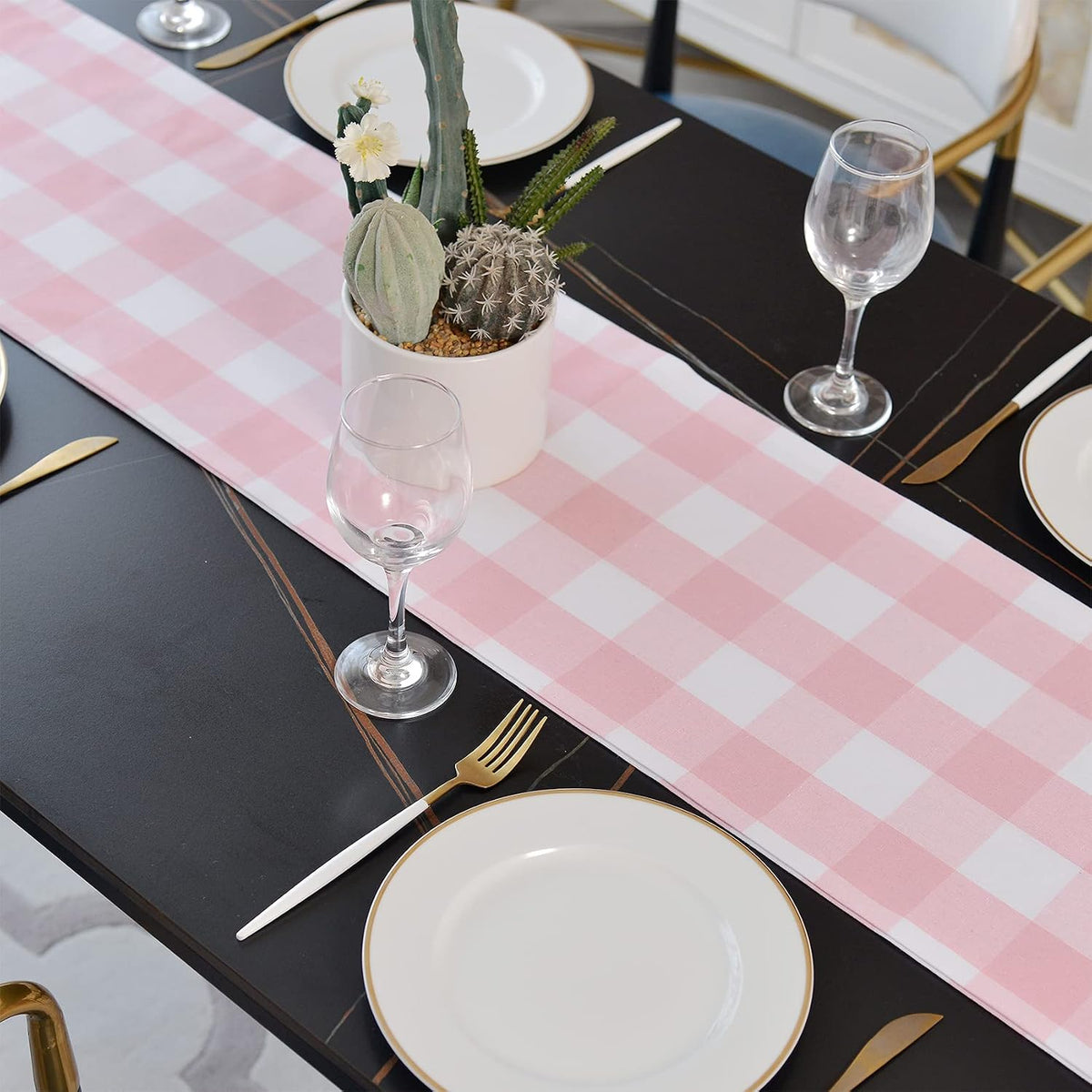 Pink & White 2 Side Buffalo Check Farmhouse Table Runner for Family Dinners or Gatherings, Indoor or Outdoor Parties, Everyday Use (12" x 36")