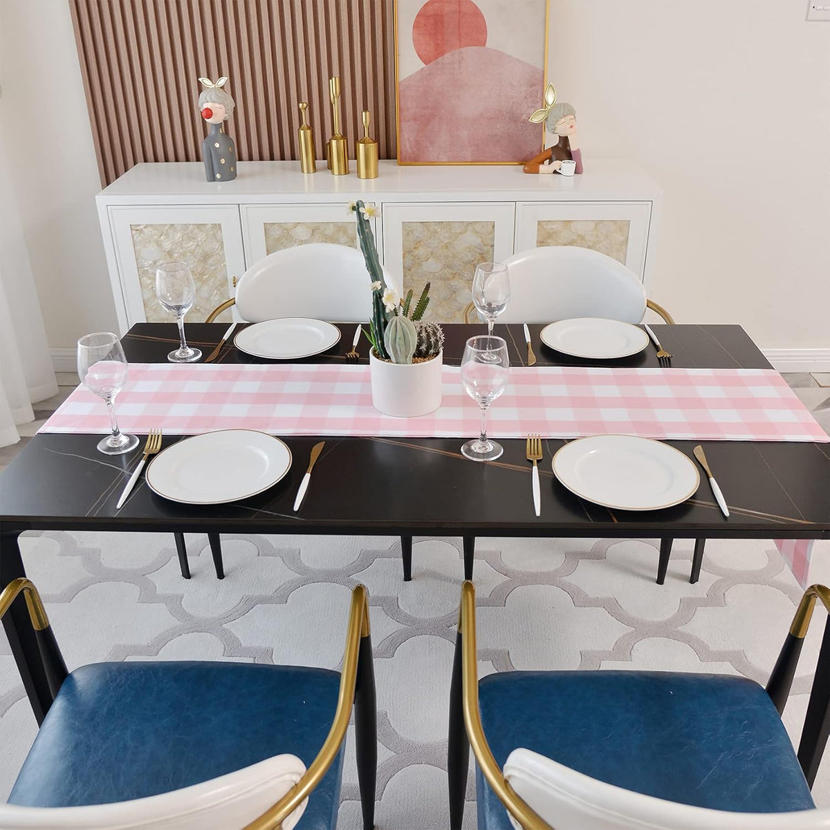 Pink & White 2 Side Buffalo Check Farmhouse Table Runner for Family Dinners or Gatherings, Indoor or Outdoor Parties, Everyday Use (12" x 36")
