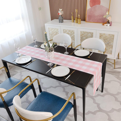 Pink & White 2 Side Buffalo Check Farmhouse Table Runner for Family Dinners or Gatherings, Indoor or Outdoor Parties, Everyday Use (12" x 36")