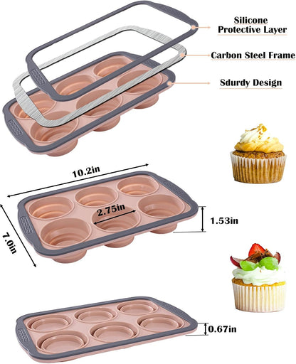 Silicone Muffin Pan for Baking with Metal Frame， Nonstick Cupcake Pan, 6 Cup Baking Pan for Cupcake, Tarts, Egg Bites(6 Cup Pink)