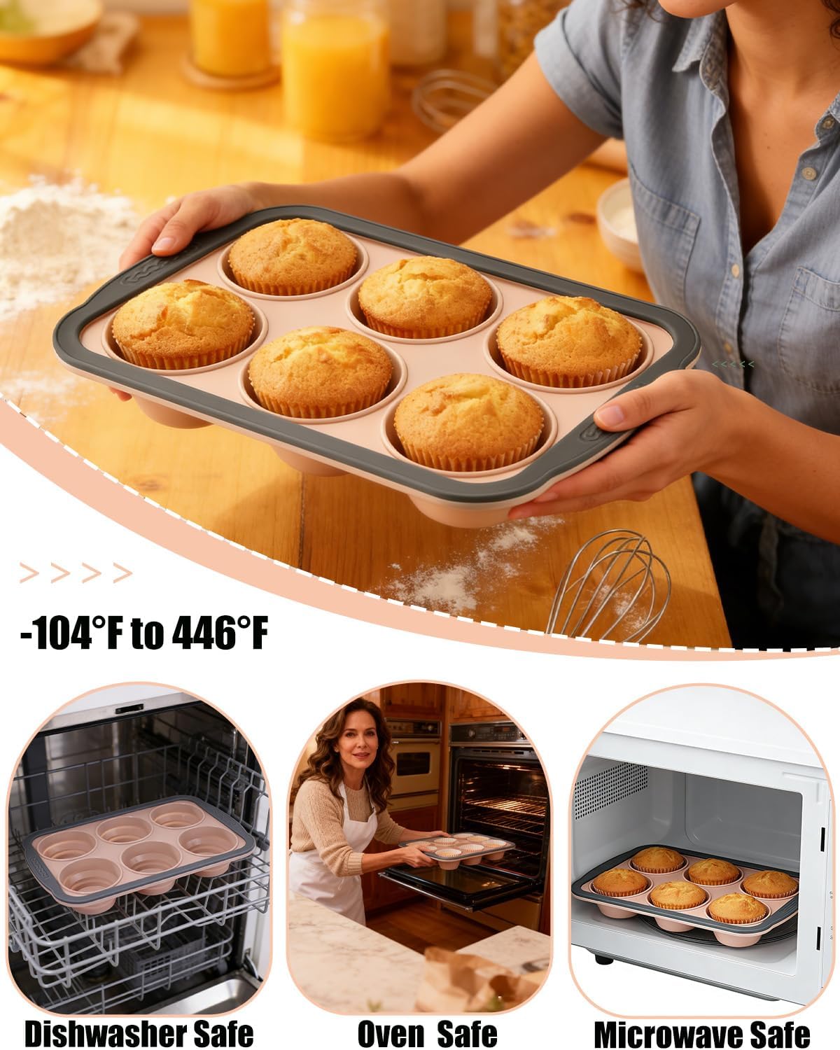 Silicone Muffin Pan for Baking with Metal Frame， Nonstick Cupcake Pan, 6 Cup Baking Pan for Cupcake, Tarts, Egg Bites(6 Cup Pink)