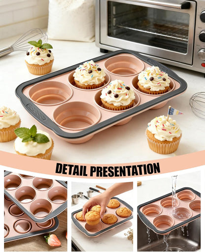 Silicone Muffin Pan for Baking with Metal Frame， Nonstick Cupcake Pan, 6 Cup Baking Pan for Cupcake, Tarts, Egg Bites(6 Cup Pink)