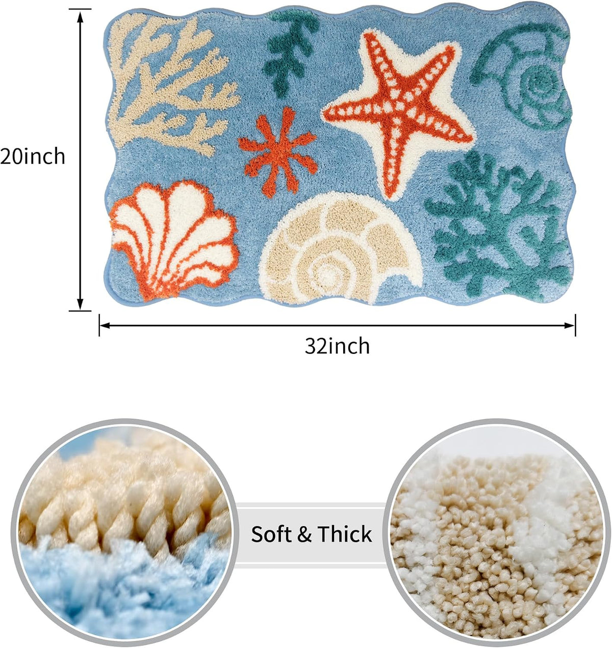 Summer Beach Bathroom Rug 20x32Inch, 3D Textured Starfish Shell Scalloped Bath Mat, Soft Microfiber Absorbent Non-Slip High-Low Pile Washable Bath Rug for Bathroom, Kitchen, Entryway