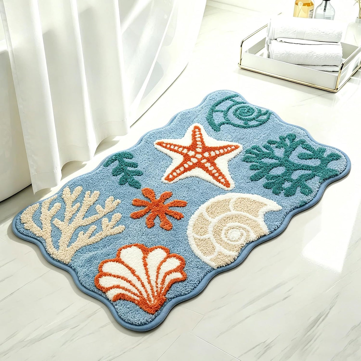 Summer Beach Bathroom Rug 20x32Inch, 3D Textured Starfish Shell Scalloped Bath Mat, Soft Microfiber Absorbent Non-Slip High-Low Pile Washable Bath Rug for Bathroom, Kitchen, Entryway