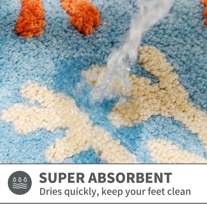 Summer Beach Bathroom Rug 20x32Inch, 3D Textured Starfish Shell Scalloped Bath Mat, Soft Microfiber Absorbent Non-Slip High-Low Pile Washable Bath Rug for Bathroom, Kitchen, Entryway