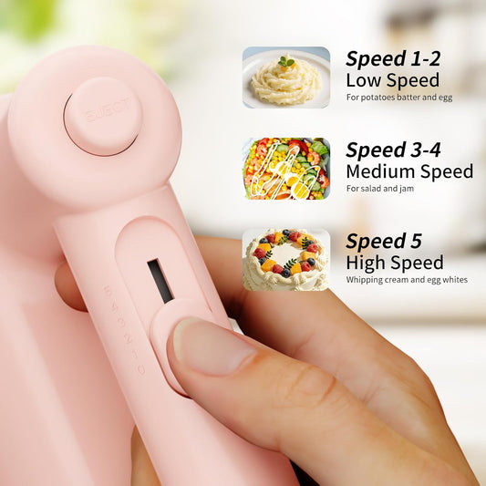 Hand Mixer 5-Speed Electric Handheld with Turbo Pink