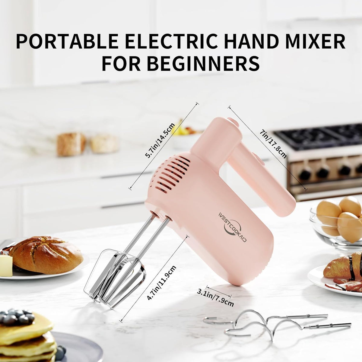 Hand Mixer 5-Speed Electric Handheld with Turbo Pink