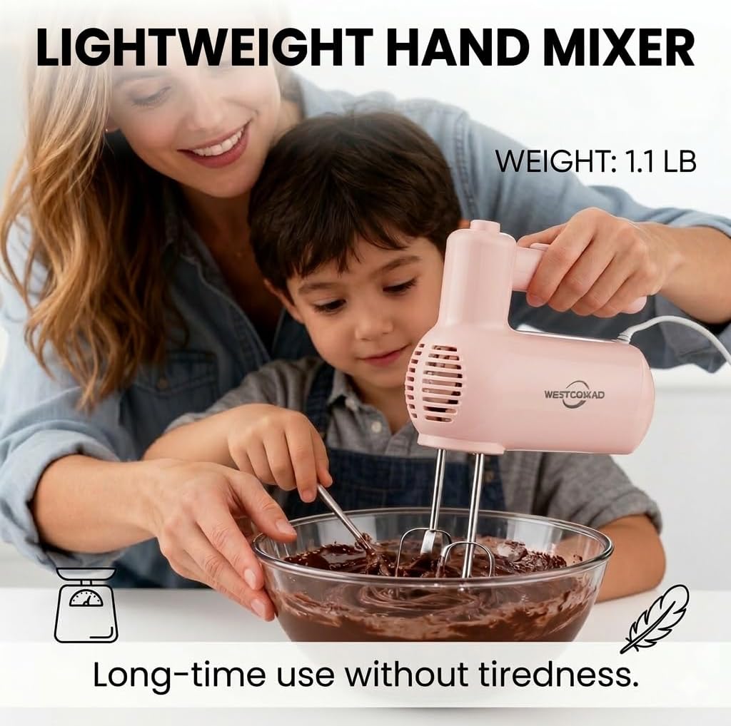 Hand Mixer 5-Speed Electric Handheld with Turbo Pink