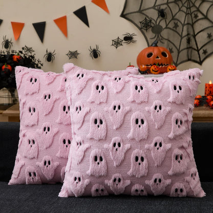 Halloween Ghost Pillow Covers 18x18 inch Set of 2,Pink Soft Plush Faux Fur Throw Pillow Cases Decorative Cushion Case for Bed Sofa Chair Fall Autumn Halloween Home Decor
