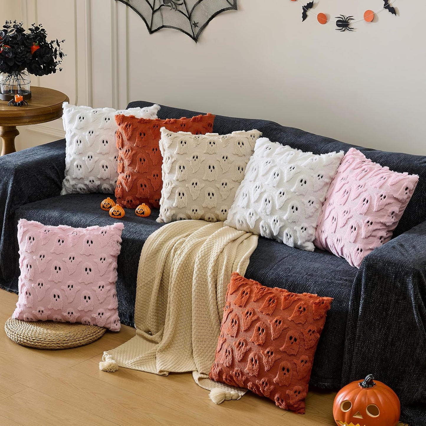 Halloween Ghost Pillow Covers 18x18 inch Set of 2,Pink Soft Plush Faux Fur Throw Pillow Cases Decorative Cushion Case for Bed Sofa Chair Fall Autumn Halloween Home Decor