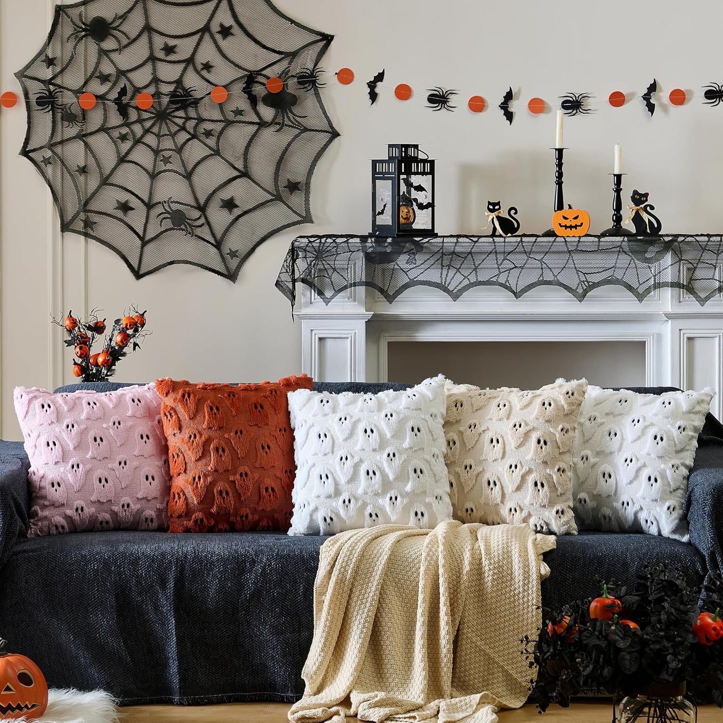 Halloween Ghost Pillow Covers 18x18 inch Set of 2,Pink Soft Plush Faux Fur Throw Pillow Cases Decorative Cushion Case for Bed Sofa Chair Fall Autumn Halloween Home Decor
