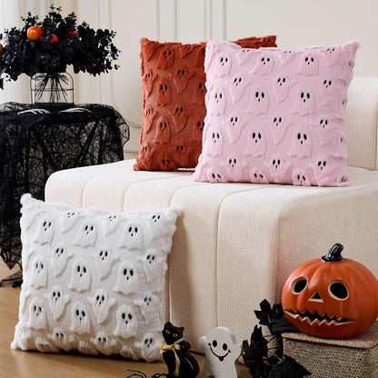 Halloween Ghost Pillow Covers 18x18 inch Set of 2,Pink Soft Plush Faux Fur Throw Pillow Cases Decorative Cushion Case for Bed Sofa Chair Fall Autumn Halloween Home Decor