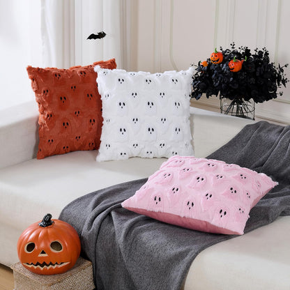 Halloween Ghost Pillow Covers 18x18 inch Set of 2,Pink Soft Plush Faux Fur Throw Pillow Cases Decorative Cushion Case for Bed Sofa Chair Fall Autumn Halloween Home Decor