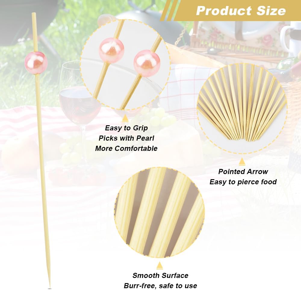 Cocktail Picks 200PCS, Toothpicks for Appetizers, Appetizer Skewers 4.7 Inches Toothpicks Wood, Pink Pearl Tooth Pick Catering Supplies Cocktail Garnish for Charcuterie Sandwich Burgers Fruit