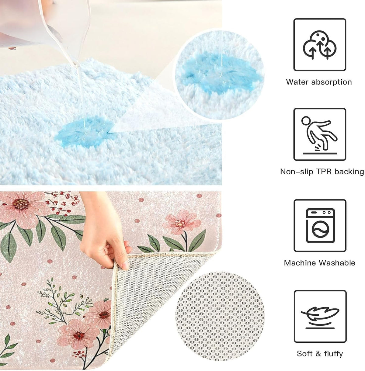 Elegant Flowers Pink Bathroom Mat Rug 24" x 16" Non Slip Super Absorbent Quick Dry Bath Mats for Bathtub Fluffy Rugs