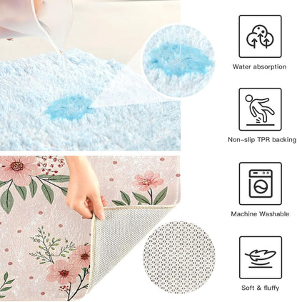 Elegant Flowers Pink Bathroom Mat Rug 24" x 16" Non Slip Super Absorbent Quick Dry Bath Mats for Bathtub Fluffy Rugs