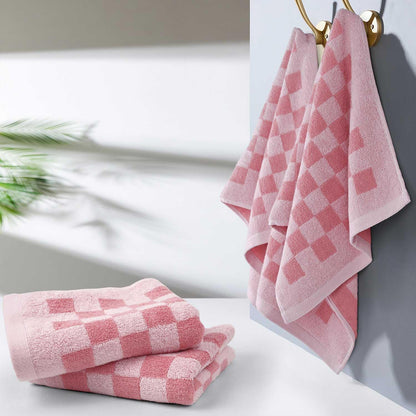 Soft Cotton Hand Towels in Pink Checkered - 4 Pack