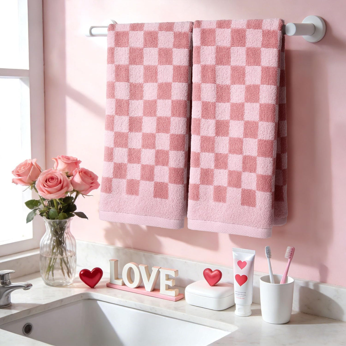 Soft Cotton Hand Towels in Pink Checkered - 4 Pack