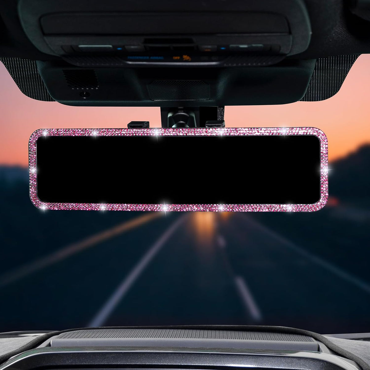 Rear View Mirror, Universal 12 Inch Panoramic Rearview Accessories with Bling Rhinestones Crystal Diamonds Edge, Interior Clip-on Wide Angle Rear View Mirror -Pink