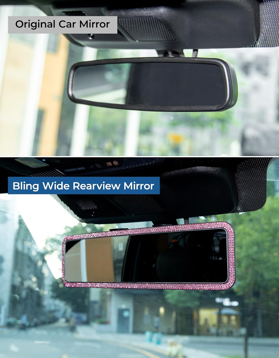 Rear View Mirror, Universal 12 Inch Panoramic Rearview Accessories with Bling Rhinestones Crystal Diamonds Edge, Interior Clip-on Wide Angle Rear View Mirror -Pink