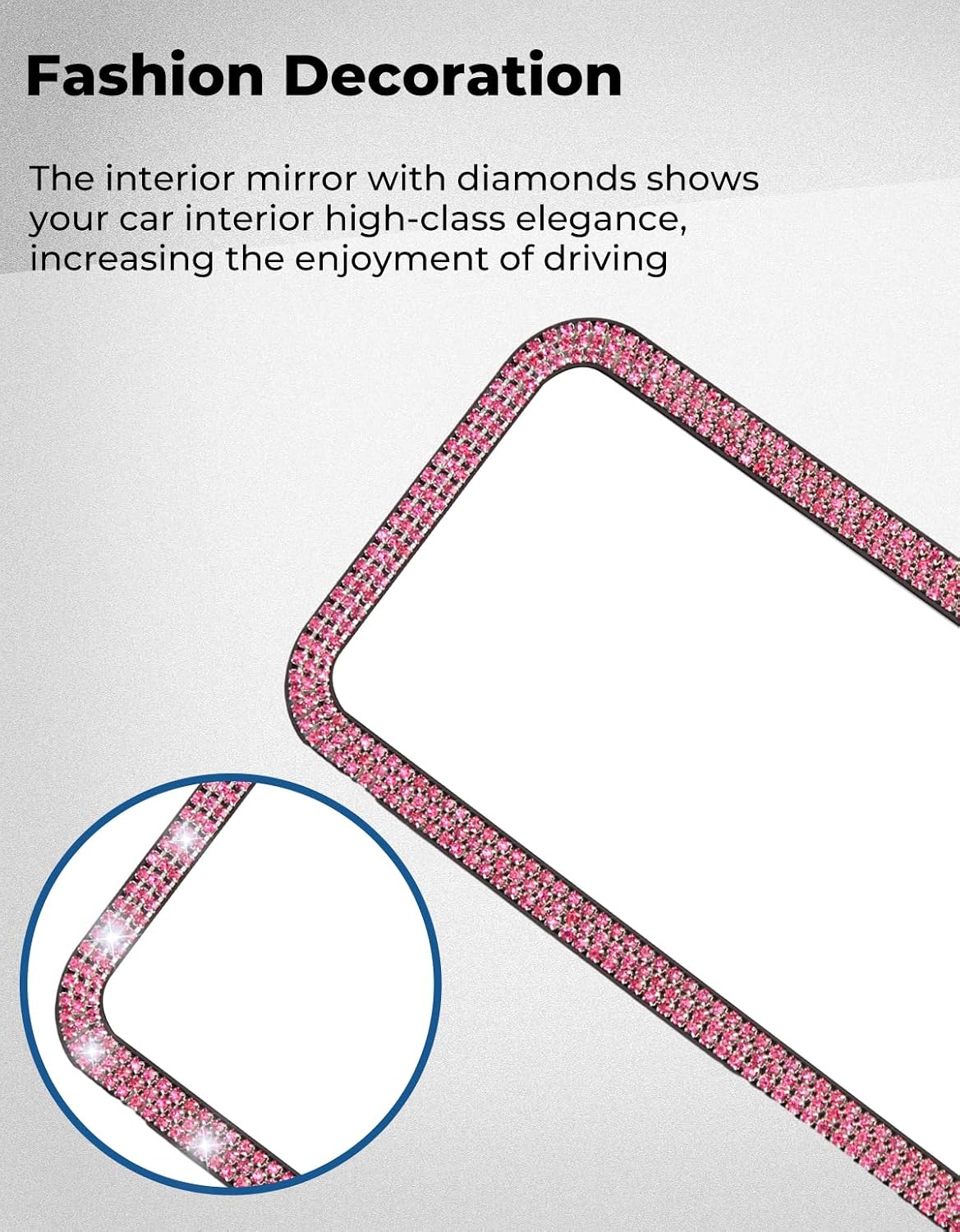 Rear View Mirror, Universal 12 Inch Panoramic Rearview Accessories with Bling Rhinestones Crystal Diamonds Edge, Interior Clip-on Wide Angle Rear View Mirror -Pink