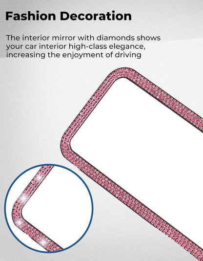 Rear View Mirror, Universal 12 Inch Panoramic Rearview Accessories with Bling Rhinestones Crystal Diamonds Edge, Interior Clip-on Wide Angle Rear View Mirror -Pink
