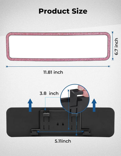 Rear View Mirror, Universal 12 Inch Panoramic Rearview Accessories with Bling Rhinestones Crystal Diamonds Edge, Interior Clip-on Wide Angle Rear View Mirror -Pink