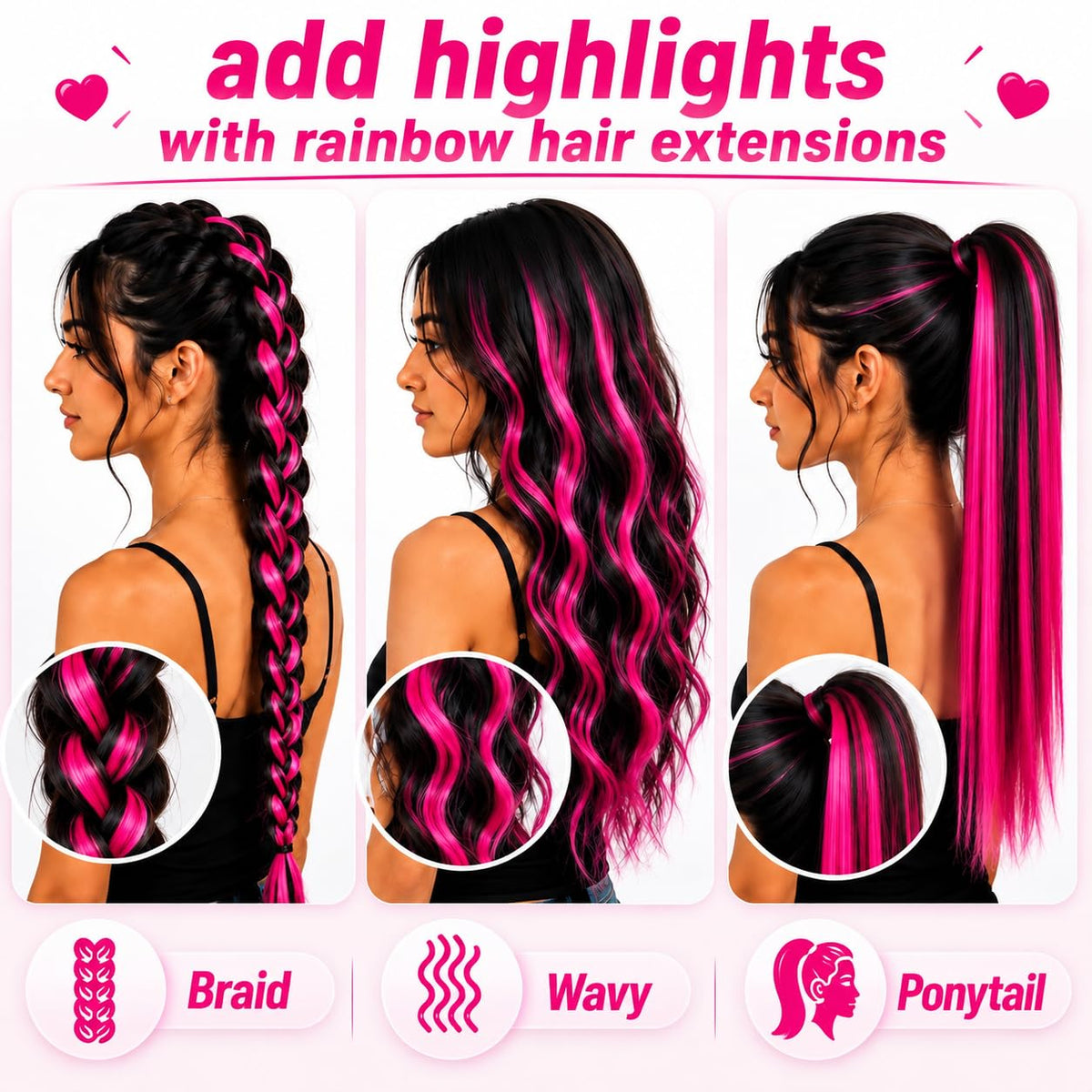 Pink Hair Extensions Clip in 10 Pieces Synthetic Hairpieces