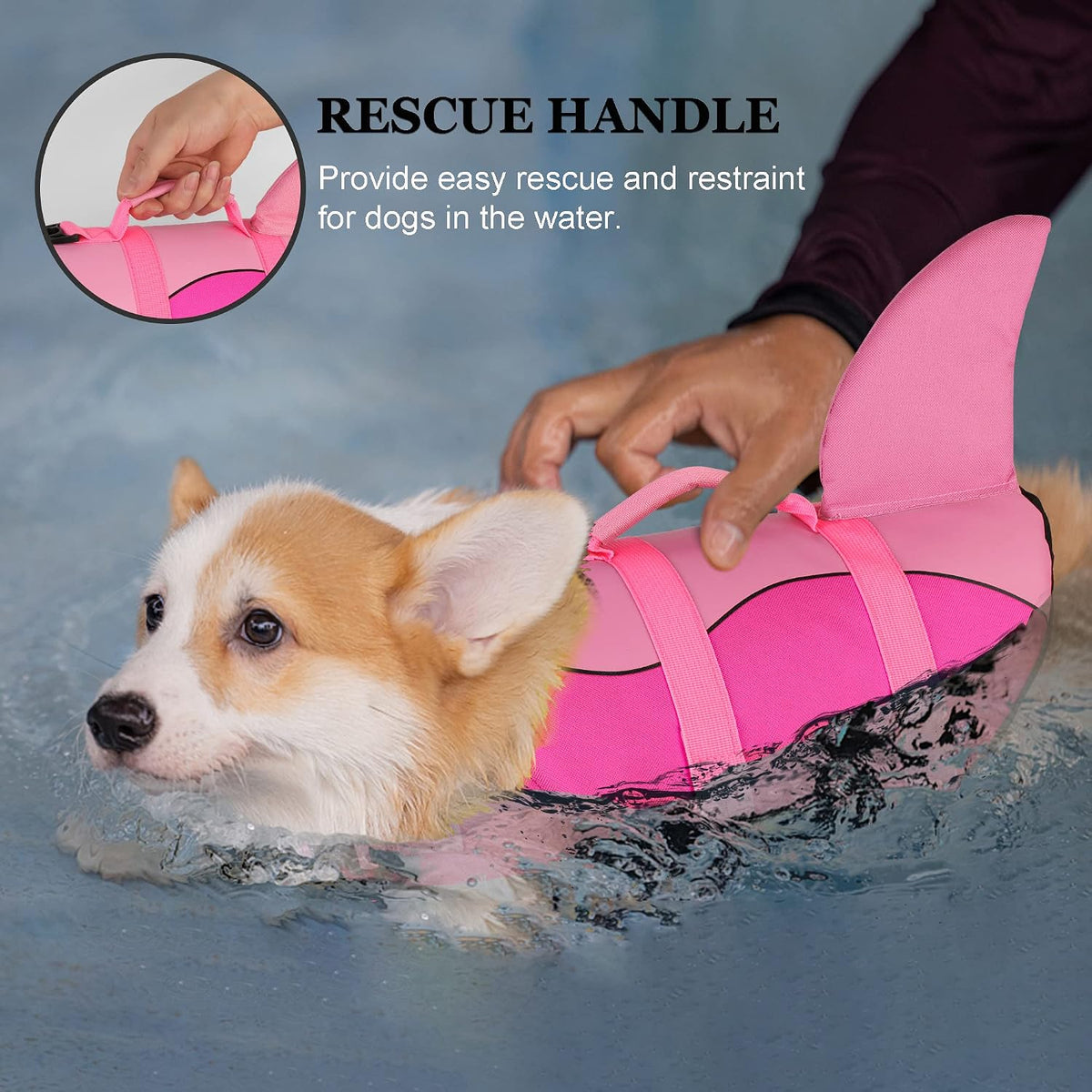 Dog Life Jacket, Cute Shark Dog Life Vest for Swimming Boating with Superior Buoyancy & Rescue Handle, Adjustable Puppy Floating Swim Vest for Small Medium Large Dogs - Pink, M
