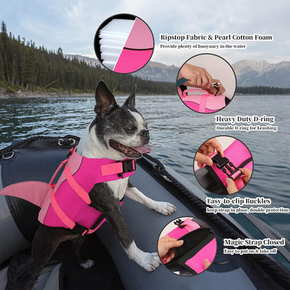 Dog Life Jacket, Cute Shark Dog Life Vest for Swimming Boating with Superior Buoyancy & Rescue Handle, Adjustable Puppy Floating Swim Vest for Small Medium Large Dogs - Pink, M
