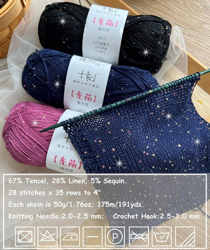 Linen rayon lyocell blend sequin yarn, superfine fingering weight (1), 150g/5.29oz (3 strands, 50g/191yds per strand)- 07-Peach
