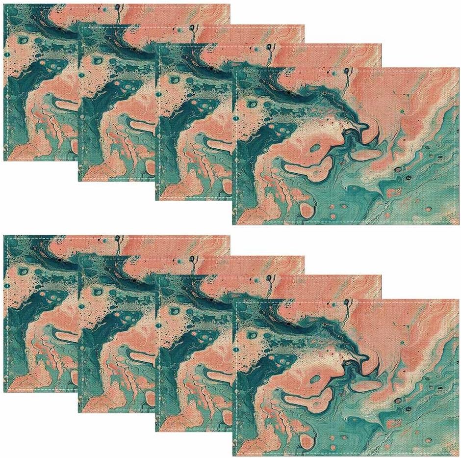 Marble Placemats Teal Pink Dining Table Placemats Set of 8, 18X12 Inch Burlap Washable Single-Sided Disposable Kitchen Table Mats for Party BBQ Holiday Dinner Décor