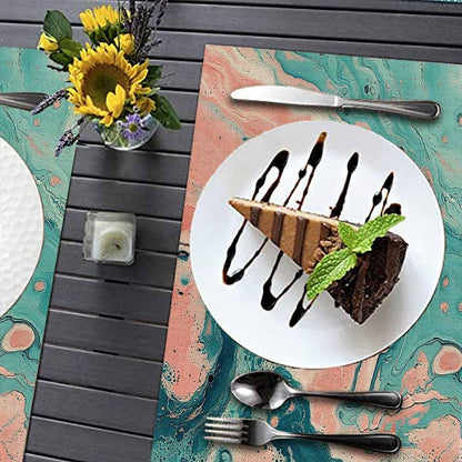 Marble Placemats Teal Pink Dining Table Placemats Set of 8, 18X12 Inch Burlap Washable Single-Sided Disposable Kitchen Table Mats for Party BBQ Holiday Dinner Décor