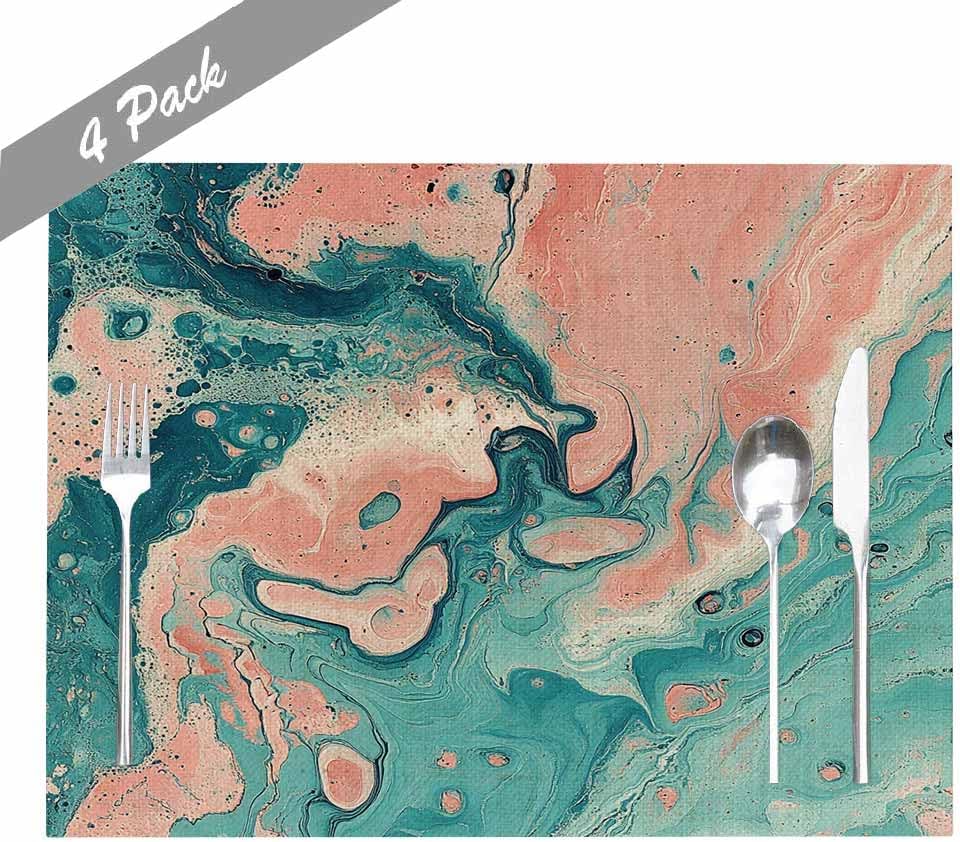 Marble Placemats Teal Pink Dining Table Placemats Set of 8, 18X12 Inch Burlap Washable Single-Sided Disposable Kitchen Table Mats for Party BBQ Holiday Dinner Décor