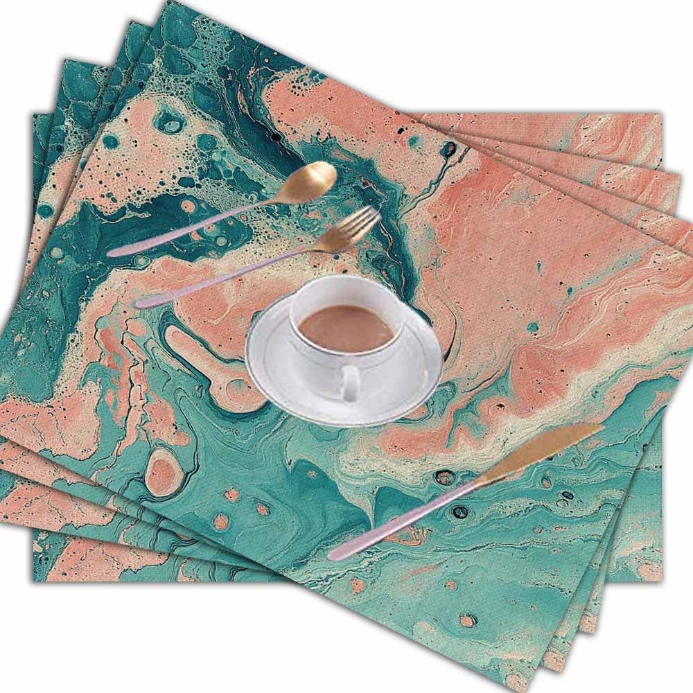 Marble Placemats Teal Pink Dining Table Placemats Set of 8, 18X12 Inch Burlap Washable Single-Sided Disposable Kitchen Table Mats for Party BBQ Holiday Dinner Décor