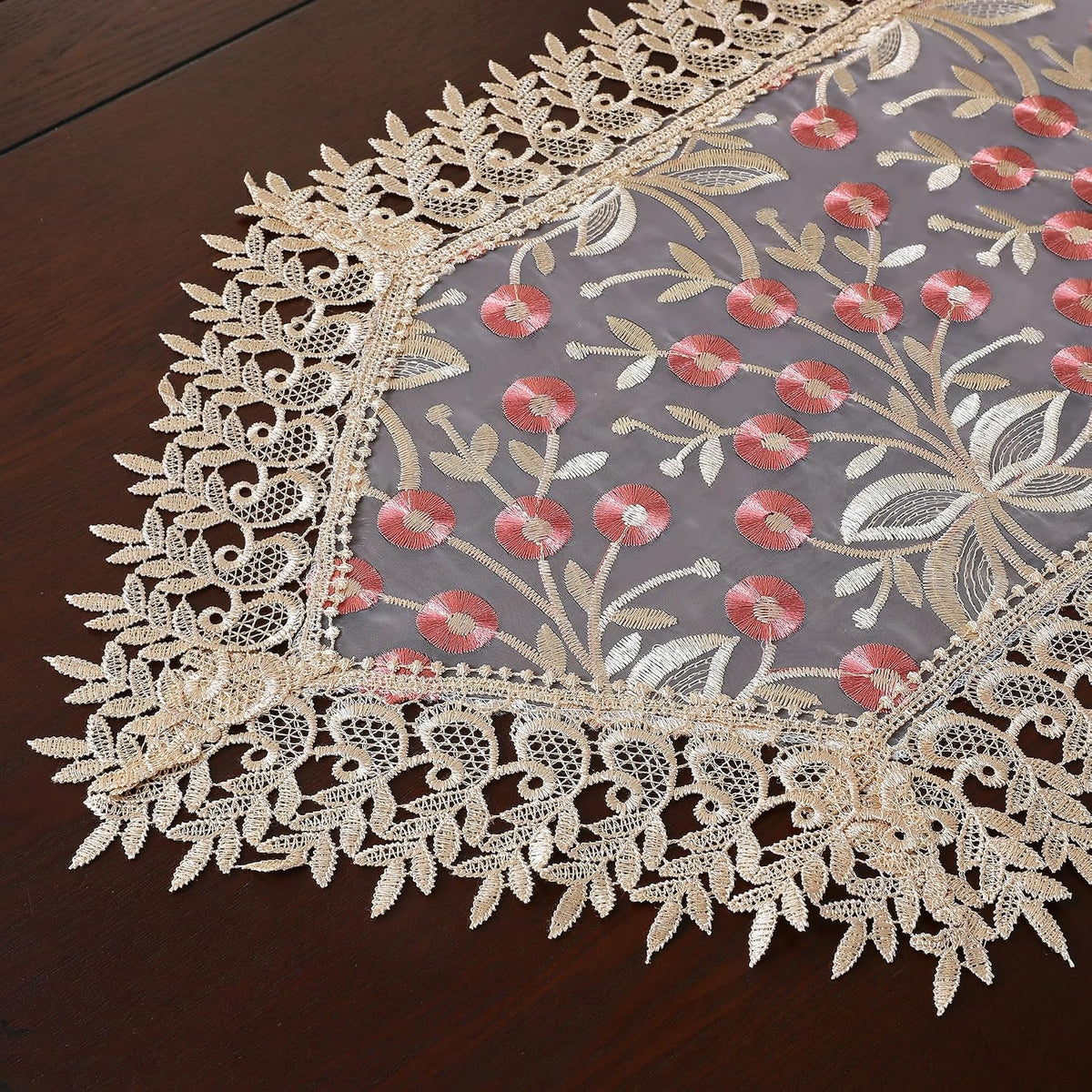 Lace Table Runner Floral Embroidery Fabric Rustic Champagne&Pink16 x 59 "