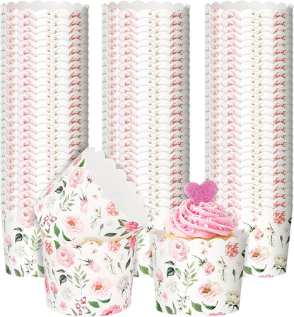 150 Pcs Pink Floral Cupcake Wrappers Liners Rose Paper Baking Cups Greaseproof Disposable Scalloped Flower Cupcake Muffin Cases for Spring Summer Wedding Baby Shower Birthday Tea Party Decor