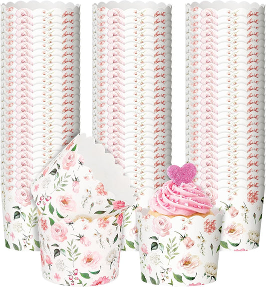 150 Pcs Pink Floral Cupcake Wrappers Liners Rose Paper Baking Cups Greaseproof Disposable Scalloped Flower Cupcake Muffin Cases for Spring Summer Wedding Baby Shower Birthday Tea Party Decor