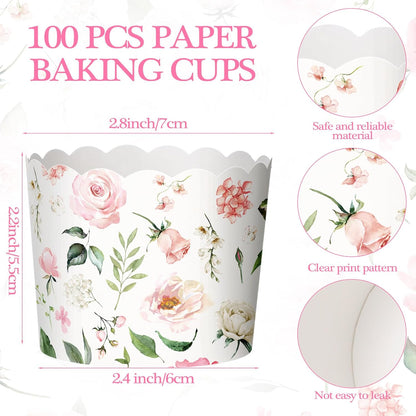 150 Pcs Pink Floral Cupcake Wrappers Liners Rose Paper Baking Cups Greaseproof Disposable Scalloped Flower Cupcake Muffin Cases for Spring Summer Wedding Baby Shower Birthday Tea Party Decor