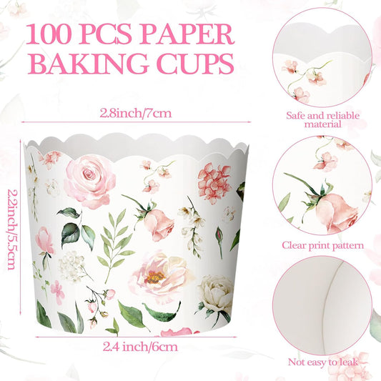 150 Pcs Pink Floral Cupcake Wrappers Liners Rose Paper Baking Cups Greaseproof Disposable Scalloped Flower Cupcake Muffin Cases for Spring Summer Wedding Baby Shower Birthday Tea Party Decor