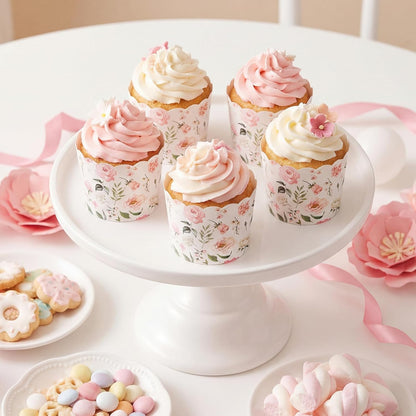 150 Pcs Pink Floral Cupcake Wrappers Liners Rose Paper Baking Cups Greaseproof Disposable Scalloped Flower Cupcake Muffin Cases for Spring Summer Wedding Baby Shower Birthday Tea Party Decor
