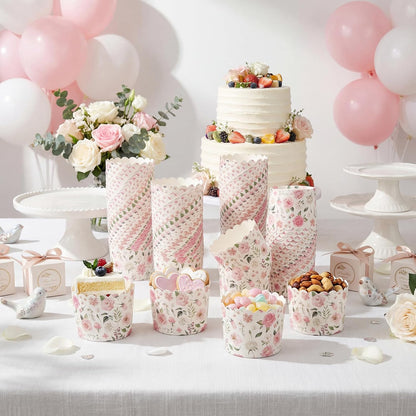 150 Pcs Pink Floral Cupcake Wrappers Liners Rose Paper Baking Cups Greaseproof Disposable Scalloped Flower Cupcake Muffin Cases for Spring Summer Wedding Baby Shower Birthday Tea Party Decor
