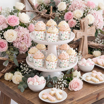 150 Pcs Pink Floral Cupcake Wrappers Liners Rose Paper Baking Cups Greaseproof Disposable Scalloped Flower Cupcake Muffin Cases for Spring Summer Wedding Baby Shower Birthday Tea Party Decor