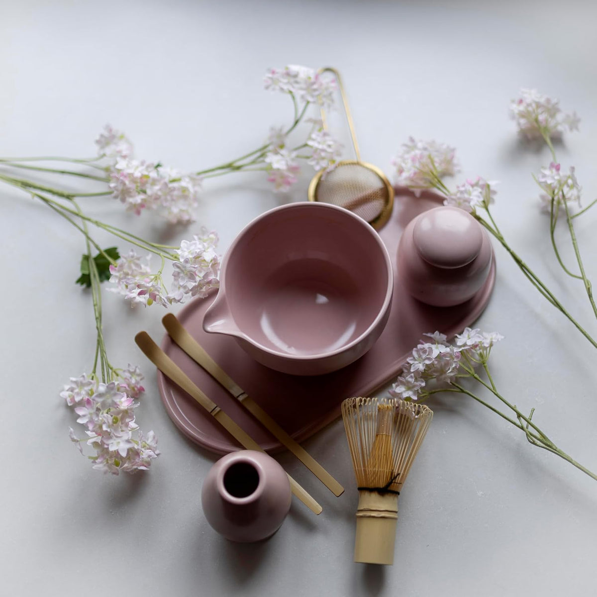 Blush Pink 7-Piece Matcha Tea Set with Bowl & Bamboo Whisk
