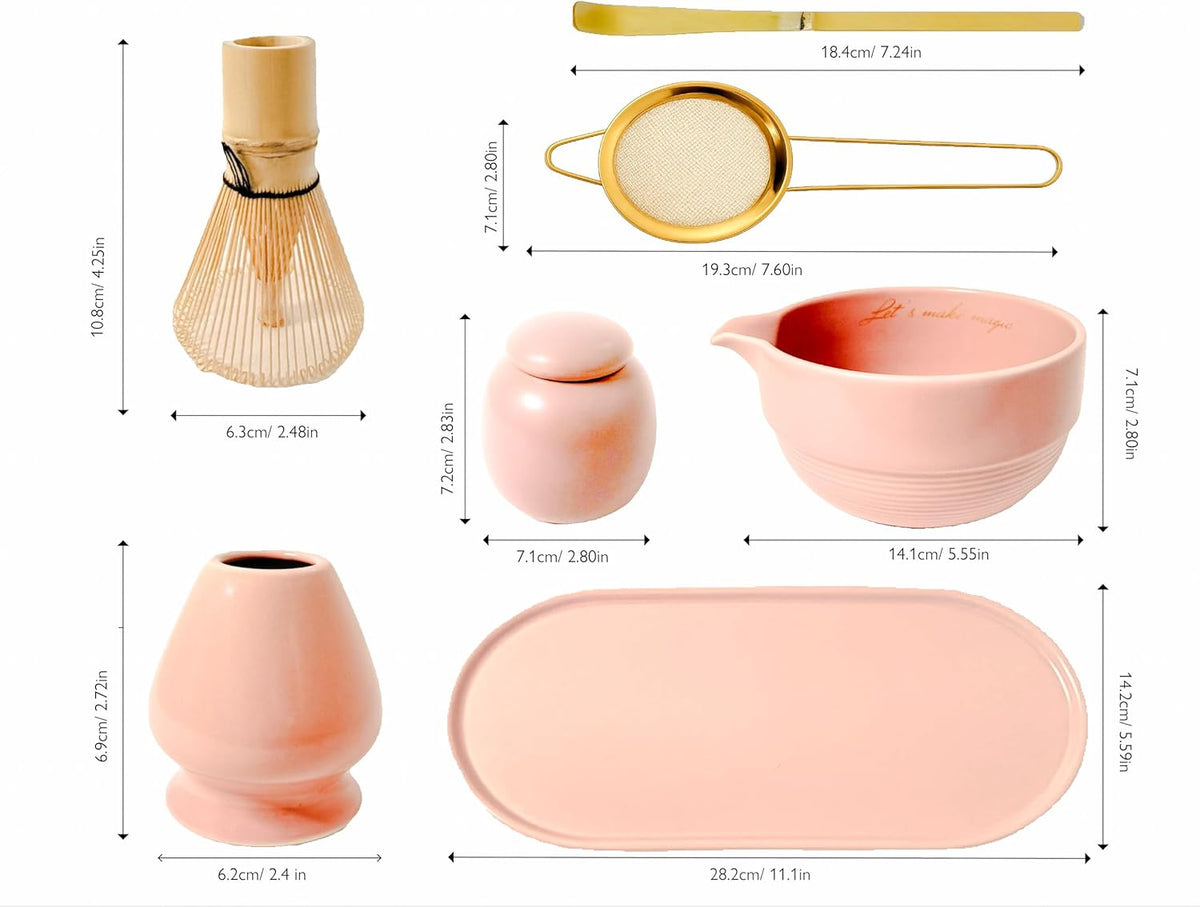 Blush Pink 7-Piece Matcha Tea Set with Bowl & Bamboo Whisk