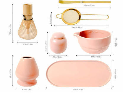 Blush Pink 7-Piece Matcha Tea Set with Bowl & Bamboo Whisk